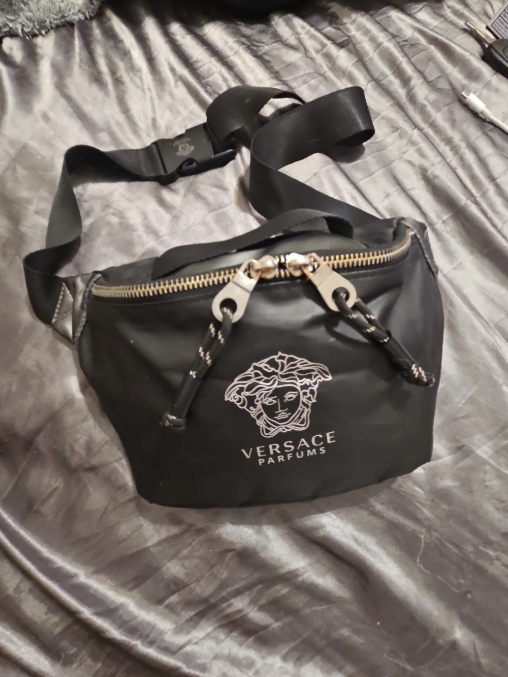 Versace Parfums Black Logo Buckle Belt Bag Strap